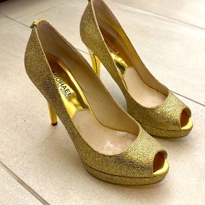 Michael Kors peep toe platform heels in gold